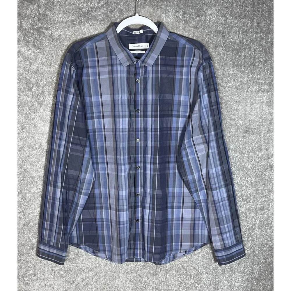 Calvin Klein Slim Fit Button Up Shirt Mens Size XL Blue Plaid Cotton Long Sleeve